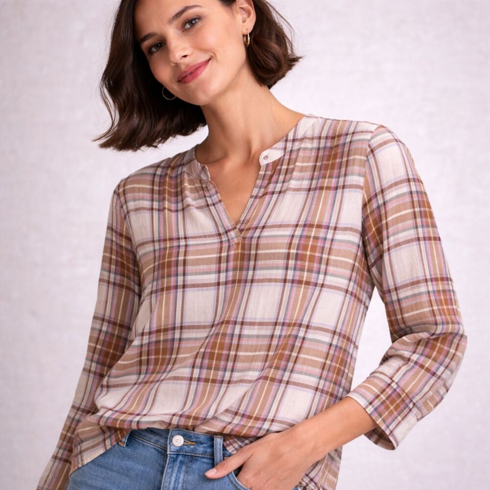 LOFT plaid split neck blouse in soft boho lightweight rayon casual Size XS top